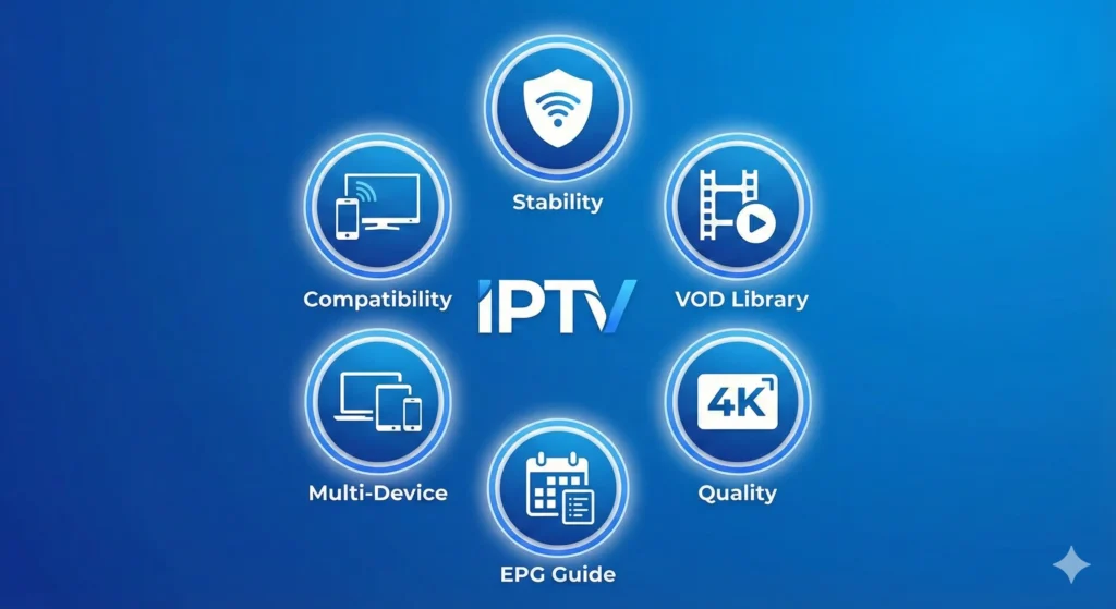 Infographic highlighting the six essential features to look for in a 2025 IPTV service: Stability, VOD Library, 4K Quality, EPG Guide, Multi-Device Support, and App Compatibility.
