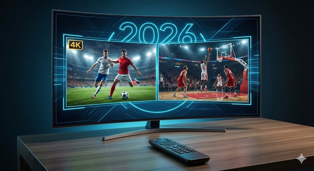 Futuristic 4K smart TV interface displaying live sports streaming options for 2026
