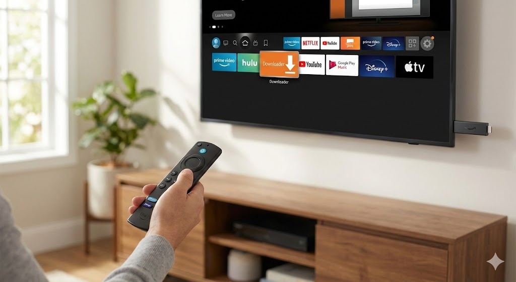 Modern living room with a large 4K Smart TV displaying a sleek IPTV streaming interface, illustrating a successful Firestick setup