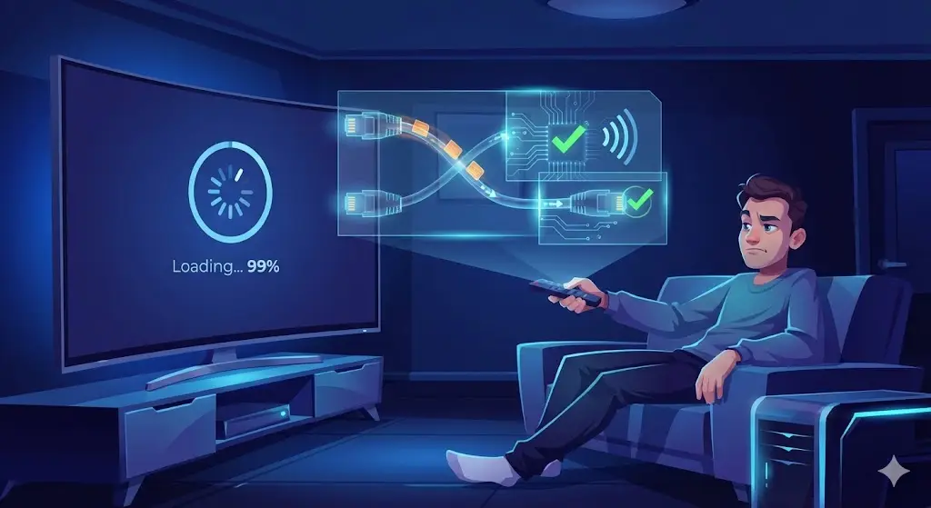 Futuristic TV screen showing a buffering icon with digital overlays representing network optimization fixes