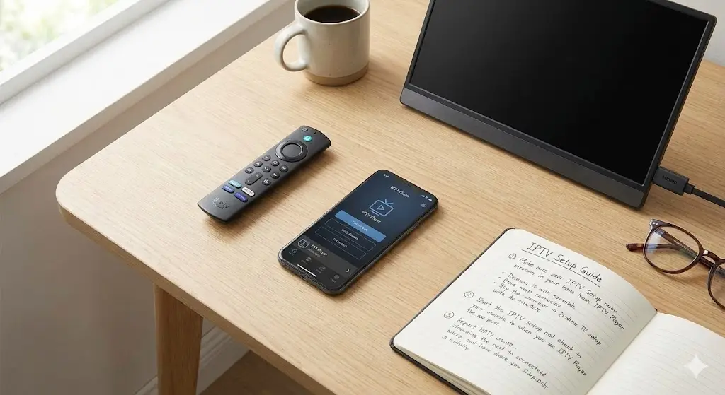 Cozy living room with a smart TV displaying a user-friendly IPTV home screen interface, illustrating a simple streaming setup for beginners