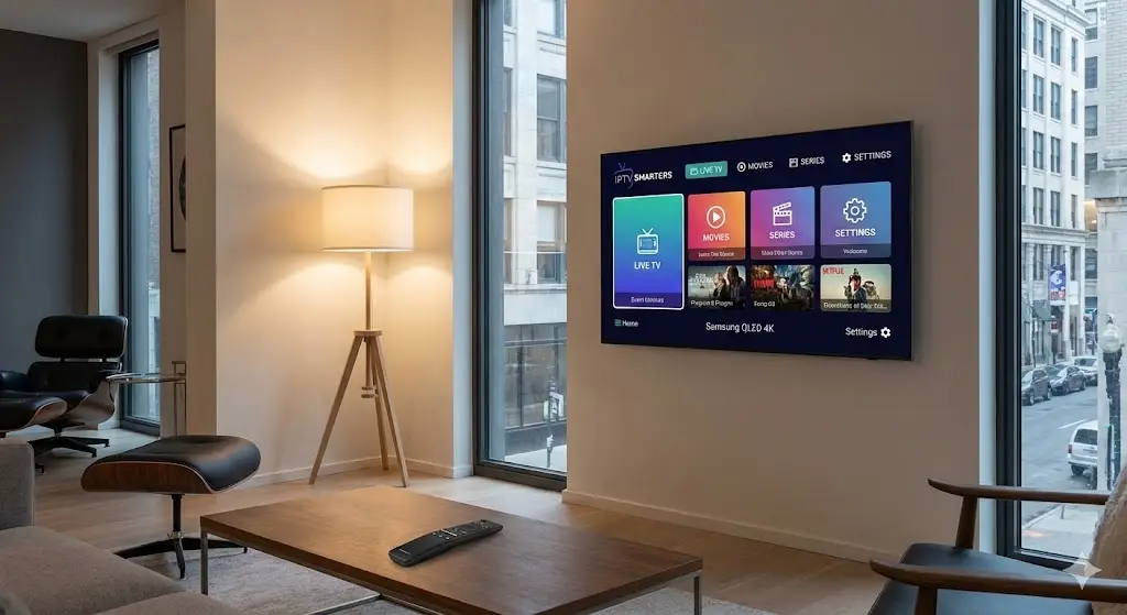 Samsung QLED Smart TV displaying the IPTV Smarters app interface in a modern living room