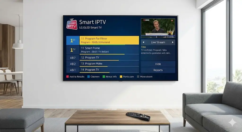 LG OLED Smart TV displaying the Smart IPTV app interface in a modern living room setting