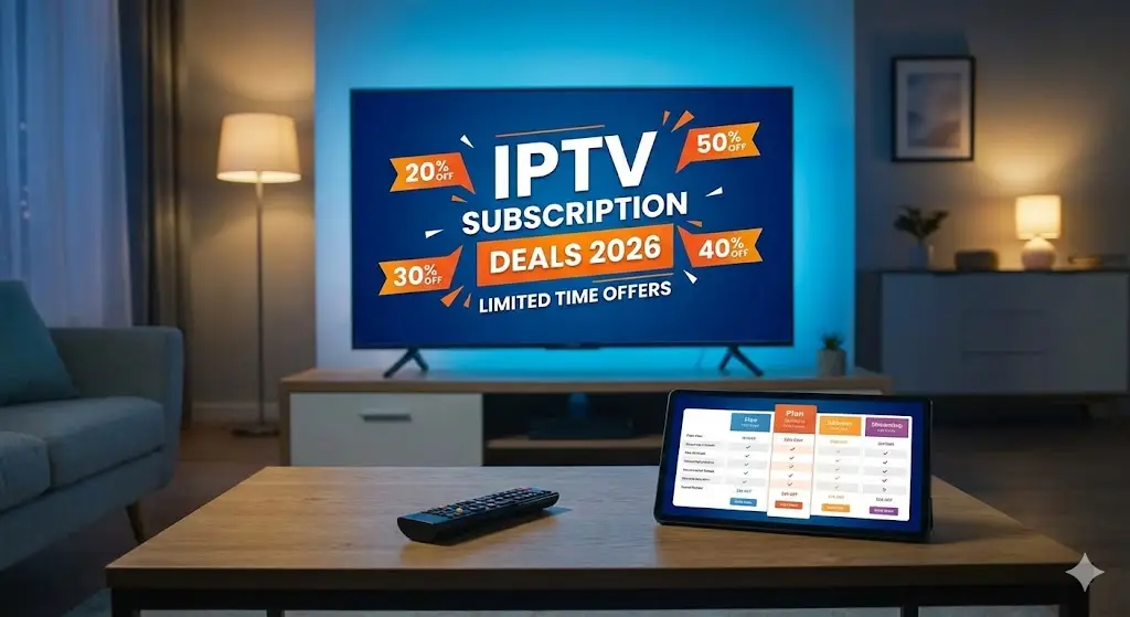 Neon percentage sign and remote control representing the best IPTV subscription deals for 2026