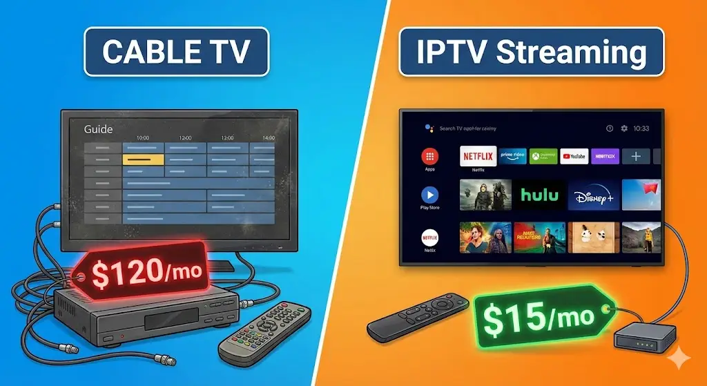 Split screen comparison showing expensive traditional cable TV versus modern affordable IPTV streaming.