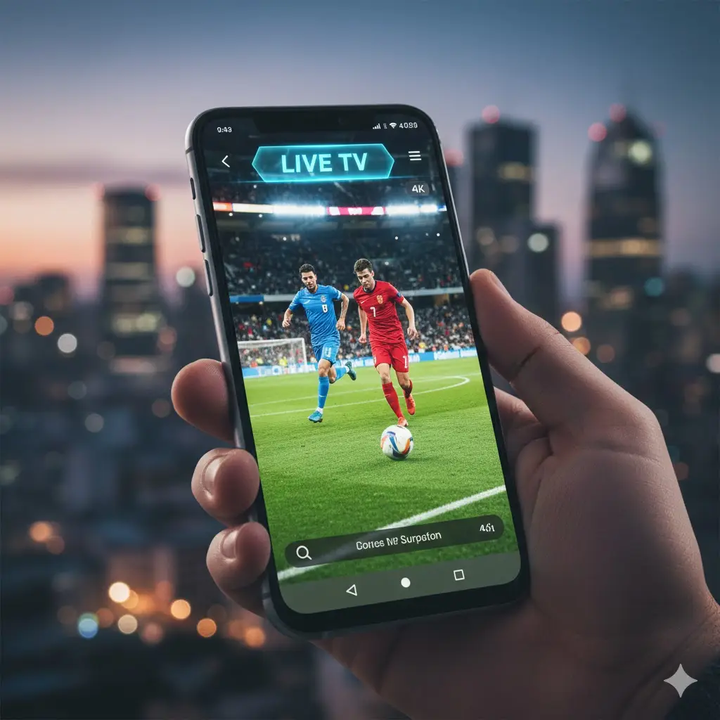 Close-up of a hand holding a modern Android smartphone displaying a live sports match via an IPTV app, with a blurred city skyline background at dusk