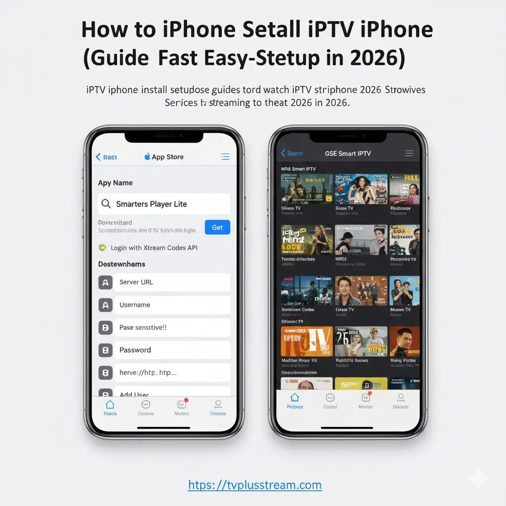 Close-up of a hand holding an iPhone displaying a modern IPTV streaming interface in a high-tech workspace, representing the best iPhone setup for 2026