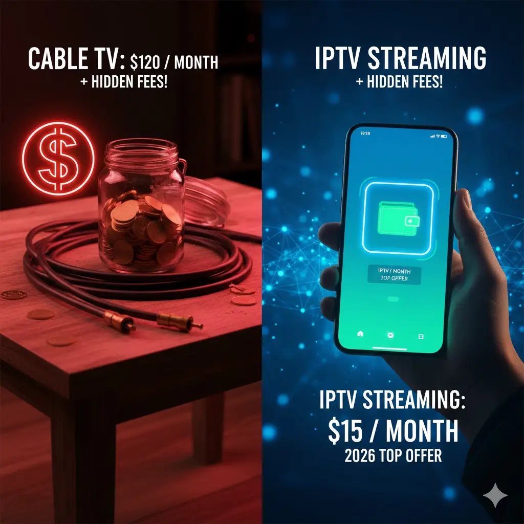 Modern living room scene featuring a large TV screen displaying a comparison of different IPTV subscription pricing tiers for 2026, highlighting cost savings.