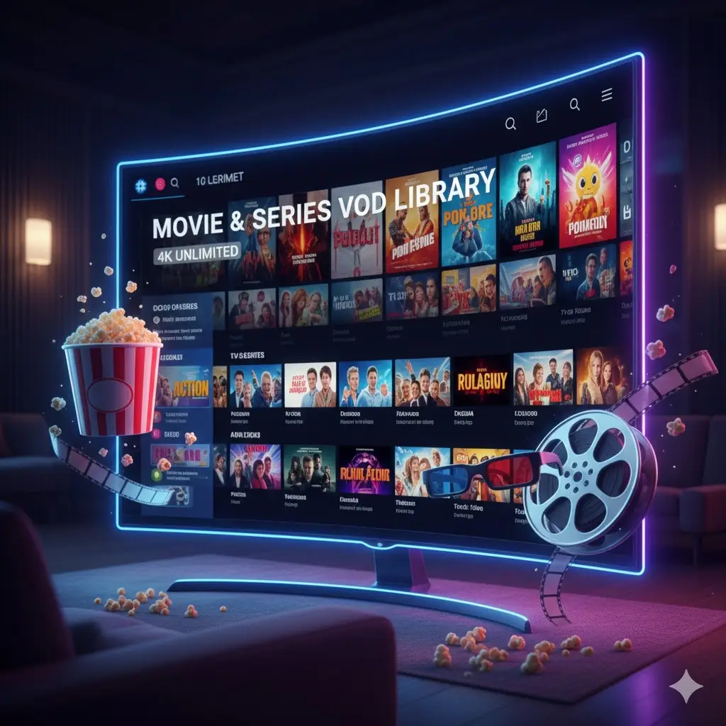 Smart TV screen displaying a rich VOD library interface for movies and series in a home theater setting.