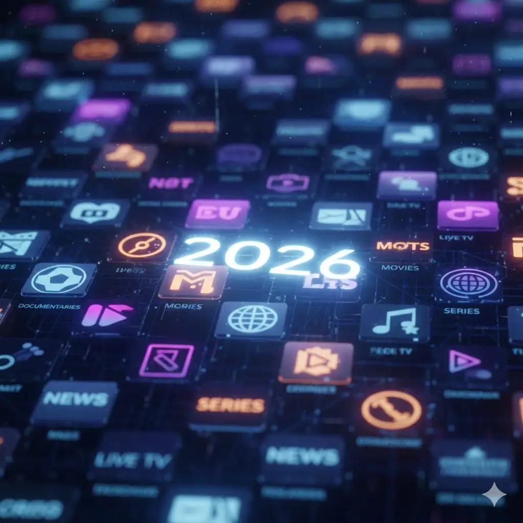 Futuristic 3D grid displaying a massive IPTV channel list for 2026 with sports and movie categories