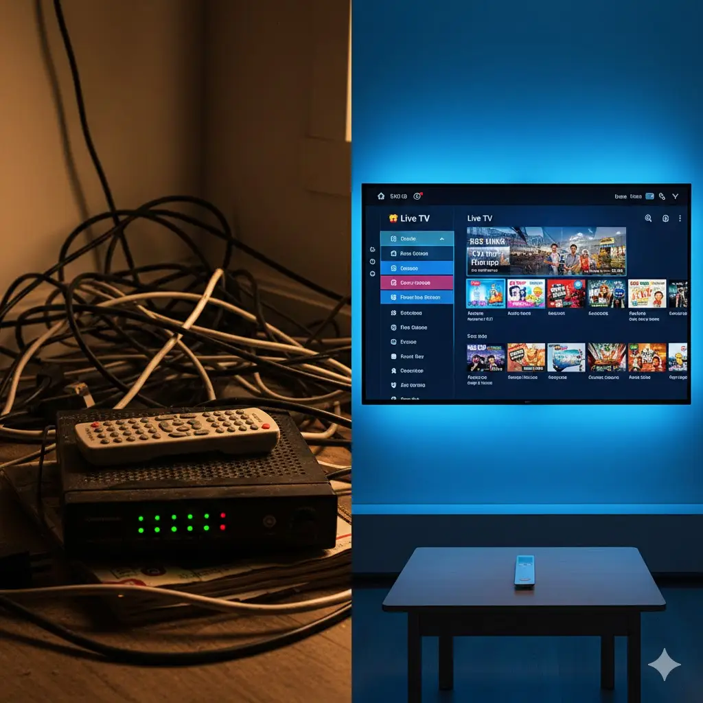 Comparison between a messy traditional cable TV box setup and a clean modern IPTV streaming interface