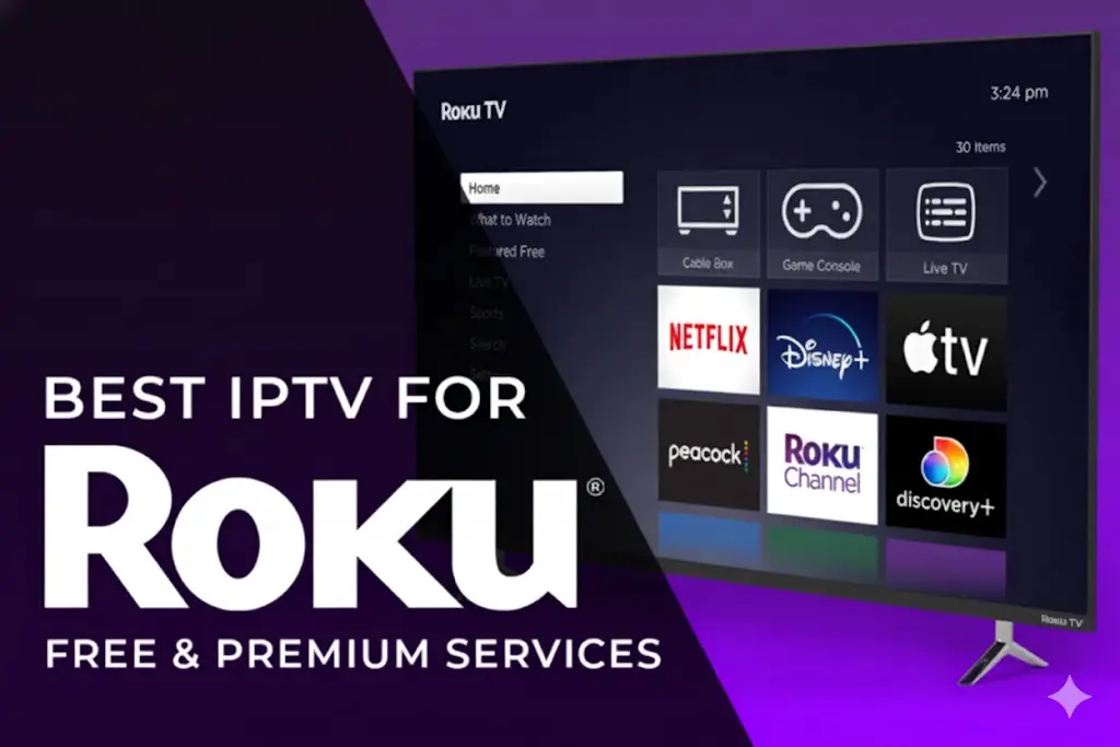 Person using a remote to cast IPTV to a Roku TV screen.