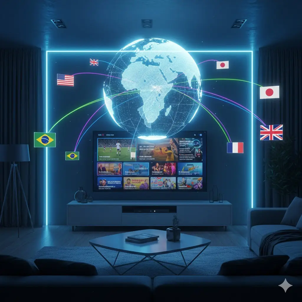 Glowing digital globe connecting streaming TV signals to a smart TV displaying international channels.