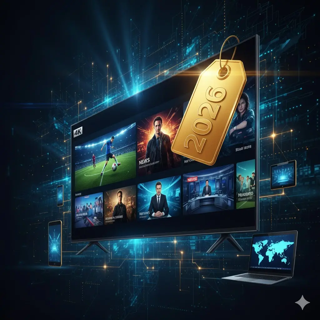 Smart TV displaying 2026 streaming content with a discount price tag.