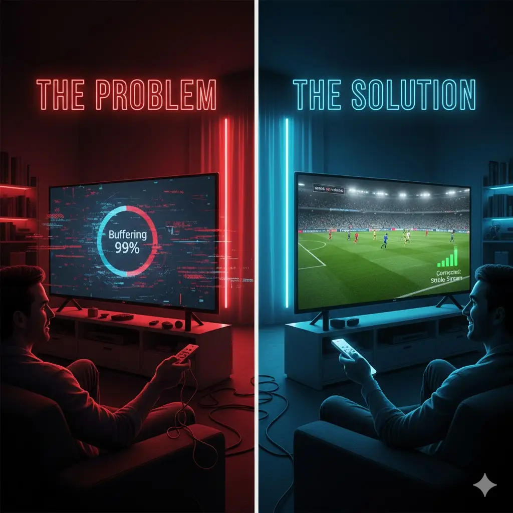 Split screen showing a buffering TV screen versus a smooth high-quality IPTV stream.