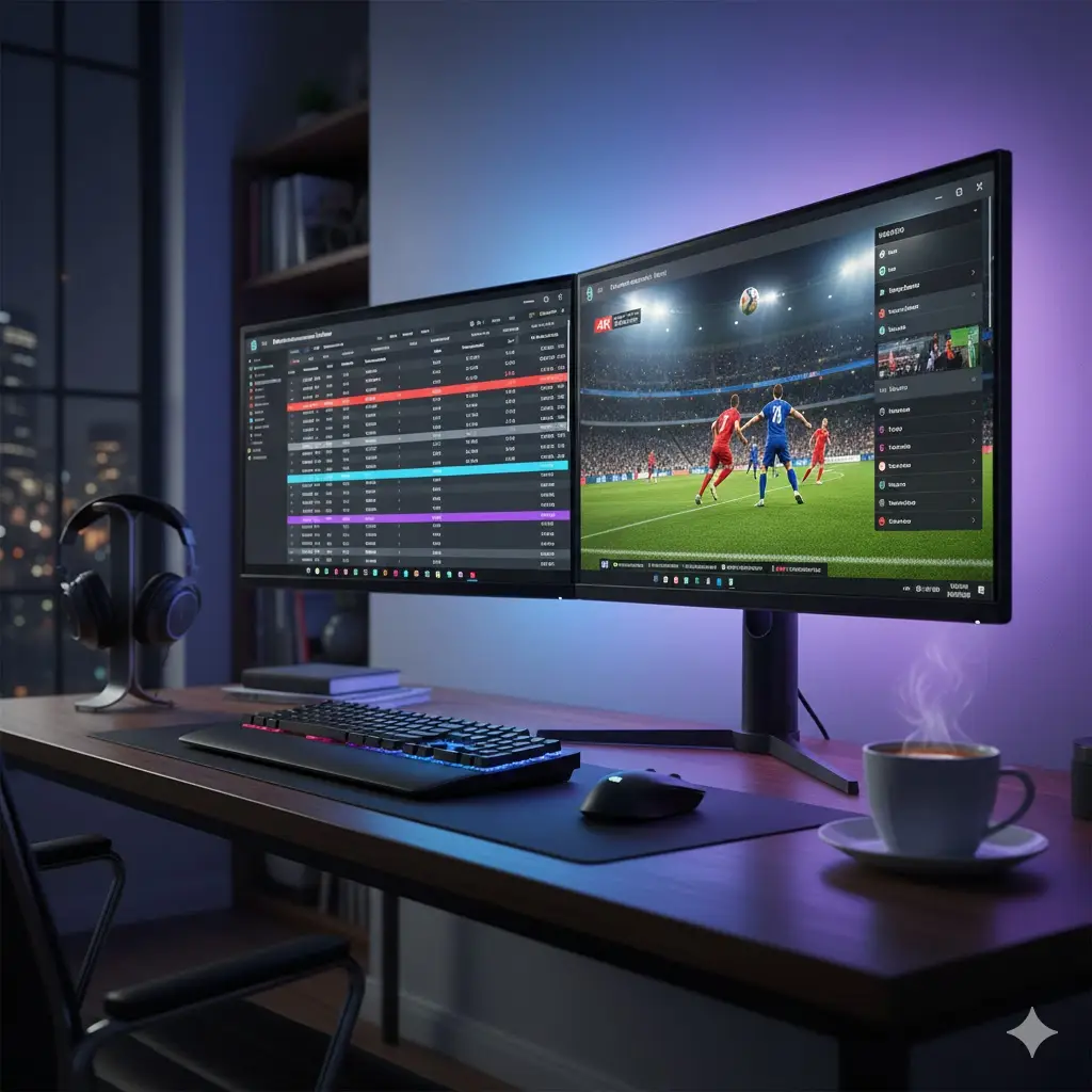 Dual monitor PC setup with one screen showing work and the other streaming live sports via IPTV.