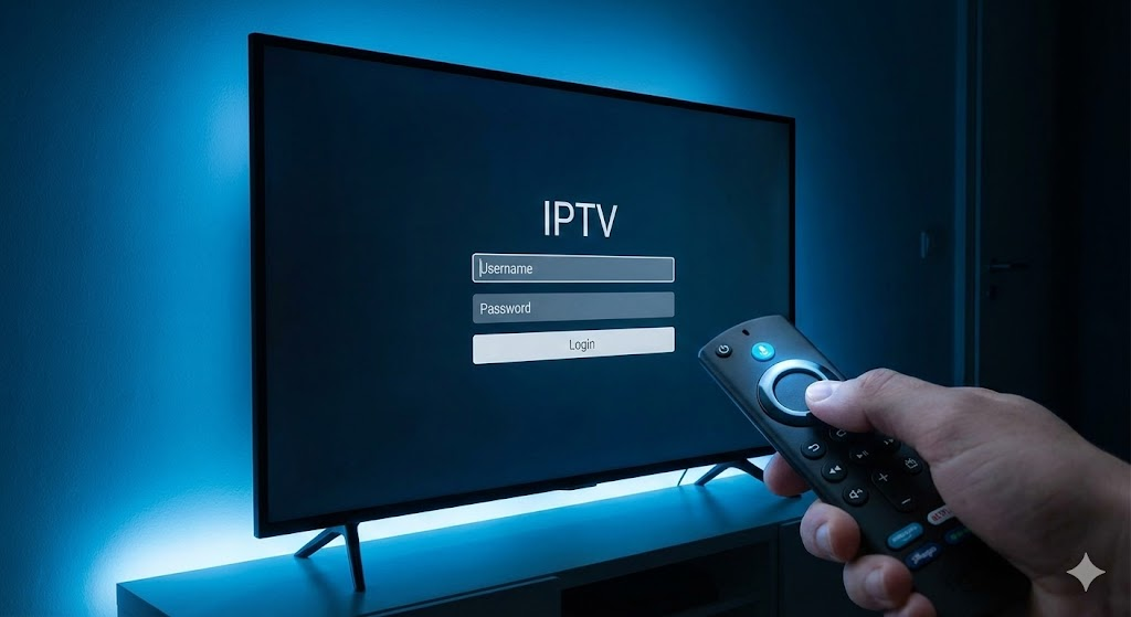 TV screen displaying IPTV login interface with a hand holding a remote control