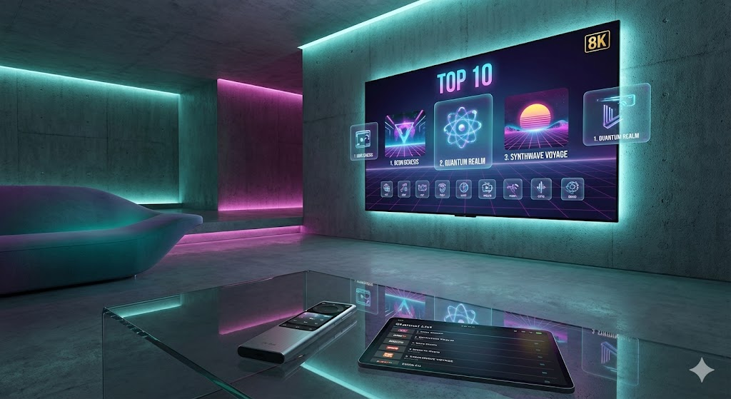 Futuristic Smart TV displaying Top 10 IPTV alternatives list for 2026 in a modern living room