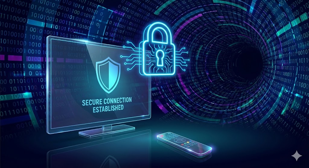 Digital padlock symbol over a smart TV screen representing secure streaming privacy